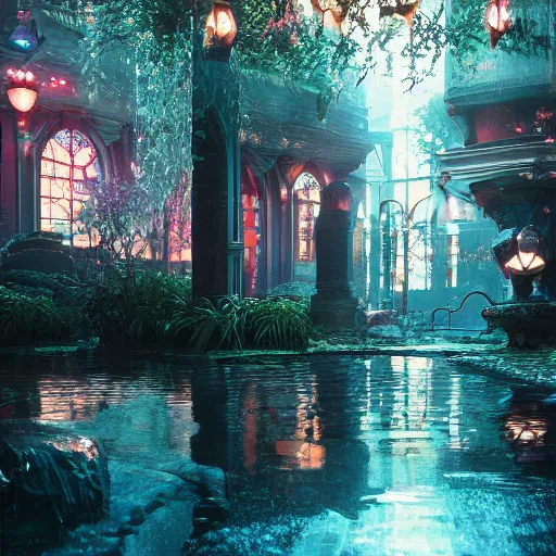 Image similar to wonderland, cinematic, wet reflections, unreal engine 5, octane, smooth, ray tracing, hyper detailed, hyper realism, fantasy, trending on artstation, behance, deviantart