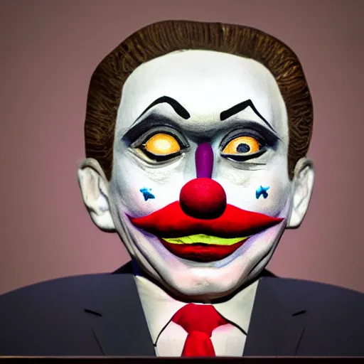 Image similar to marionette of a president with clown makeup in a podium and a human shadow behind