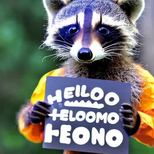 Image similar to closeup photo of furry baby raccoon astronaut holding a sign that says hello, octane, hyper detailed,