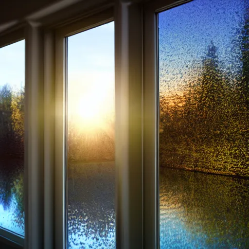 Image similar to the sun reflecting on a window, 8k, realistic reflection