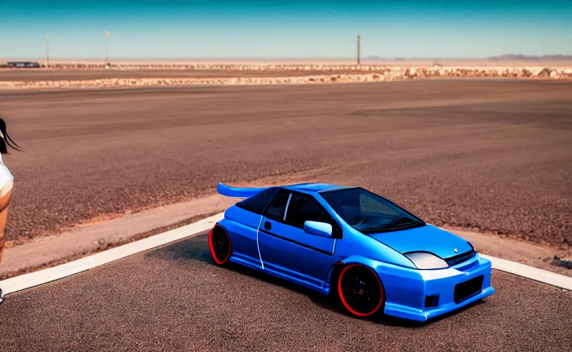 Prompt: photograph of a cell-shaded Honda EK9 Type-R car meet with anime girls, on a desert road with a futuristic city in the horizon, one point perspective, 1-point perspective, tilt shift, sigma 85mm f/1.4, 4k, depth of field, high resolution, 4k, 8k, hd, full color