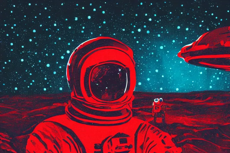 Image similar to an astronaut laying on mars in the style of flooko, acrylic art, detailed, moonlight, red lighting, bokeh, synthwave, psychedelic, glitch, neon,