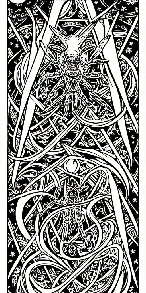 Image similar to a beautiful black and white fractal tarot card featuring bold occult imagery with clean lines. crab demon. detailed adult coloring book