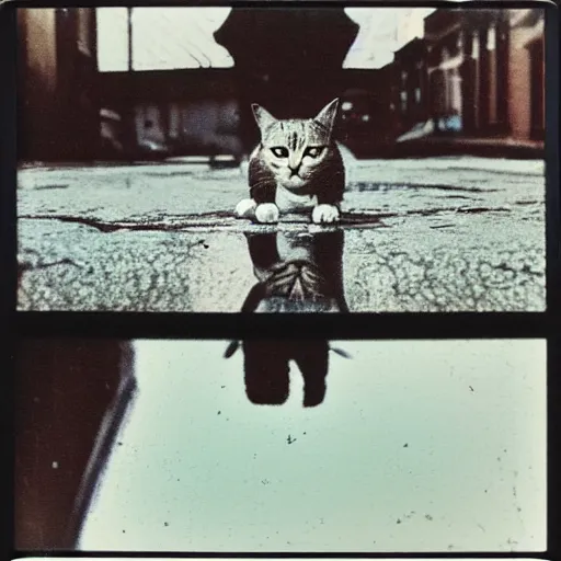 Image similar to wide-shot very low-angle eyesight first-person reflection of a cat in the puddle at the street, polaroid photo, by Andy Warhol, signed