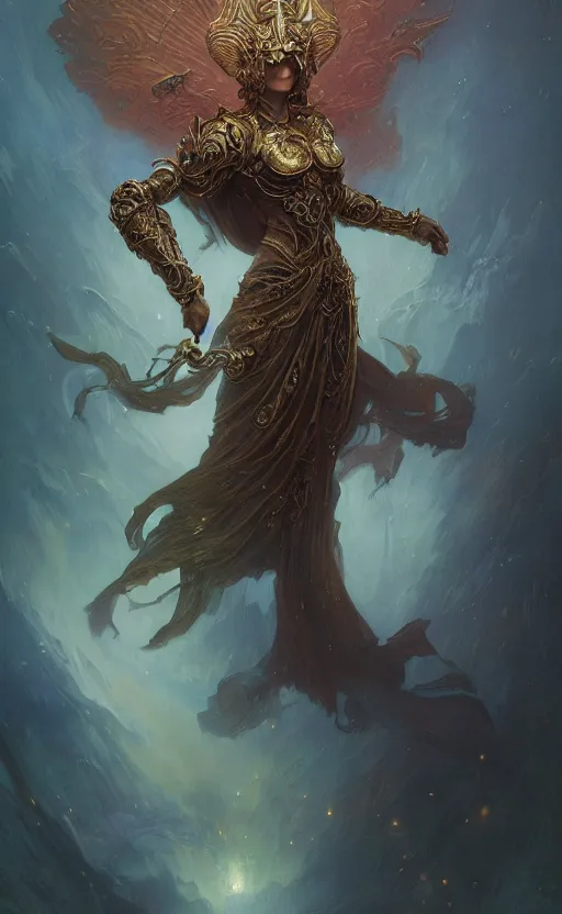 Image similar to ascending dark full body redhead goddess angel, intricate armor, highly detailed, glowing, action pose, cinematic, Art Deco, gold filigree, ethereal, alfonso mucha, zdzisław beksiński, Andrei ryabovichev, Shaun tan, Chriss foss, Peter mohrbacher, 8k