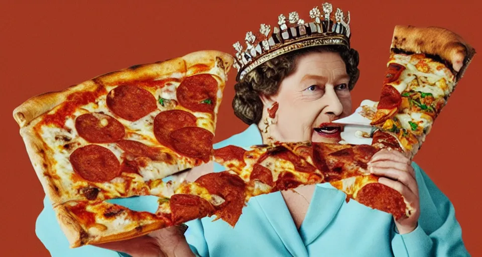 Image similar to the queen eating a pizza, 4k, photorealistic, hyper detailed