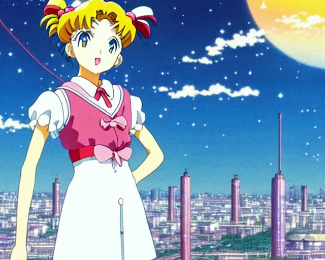 Prompt: anime fine details portrait of joyful school girl sailor moon in front of post soviet city landscape on the background, deep bokeh, close - up, anime masterpiece by studio ghibli. 8 k, sharp high quality classic anime from 2 0 0 0 in style of hayao miyazaki