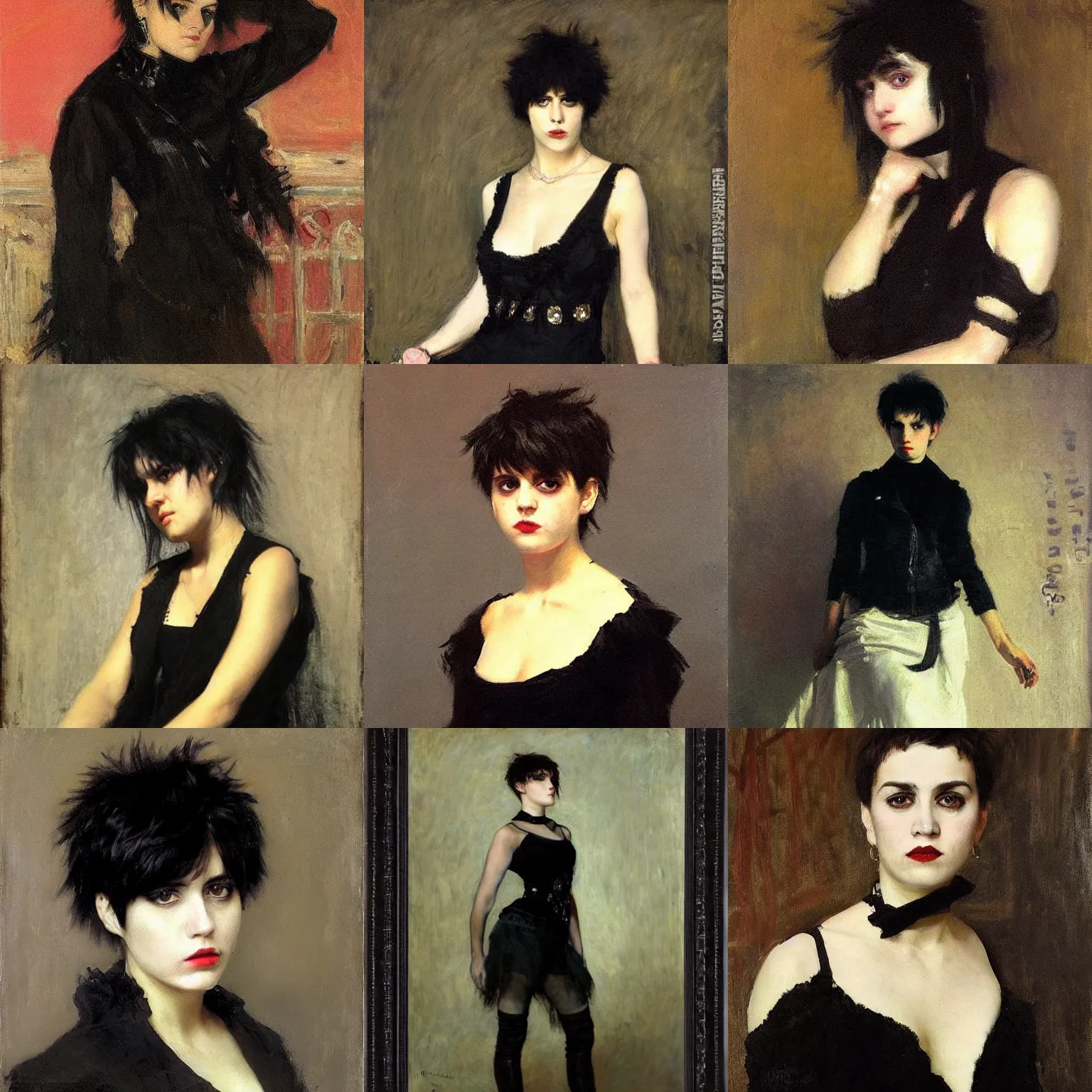 Prompt: an emo by ilya repin. her hair is dark brown and cut into a short, messy pixie cut. she has large entirely - black eyes. she is wearing a black tank top, a black leather jacket, a black knee - length skirt, a black choker, and black leather boots.