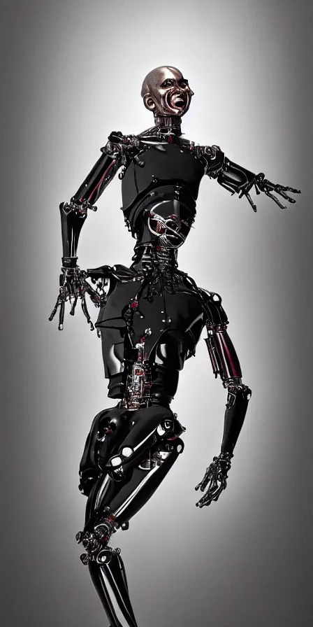 Image similar to wide lens photo of a human shaped showman dancing cyborg with two arms and two legs by james gurney, trending on artstation, film still