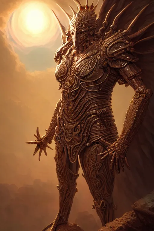 Image similar to humanoid god of the sun, highly detailed, d & d, fantasy, hyper detailed, digital painting, trending on artstation, apollo, concept art, sharp focus, illustration, art by artgerm and magali villeneuve and greg rutkowski and michael whelan, cryengine, 8 k realistic atmospheric lighting, frostbite 3 engine