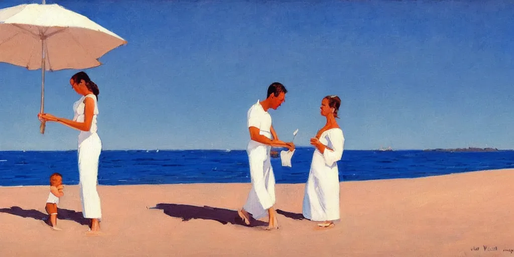 Image similar to a couple and a baby on a beach in sardinia, white sand, blue sky, summer, painting by jack vettriano