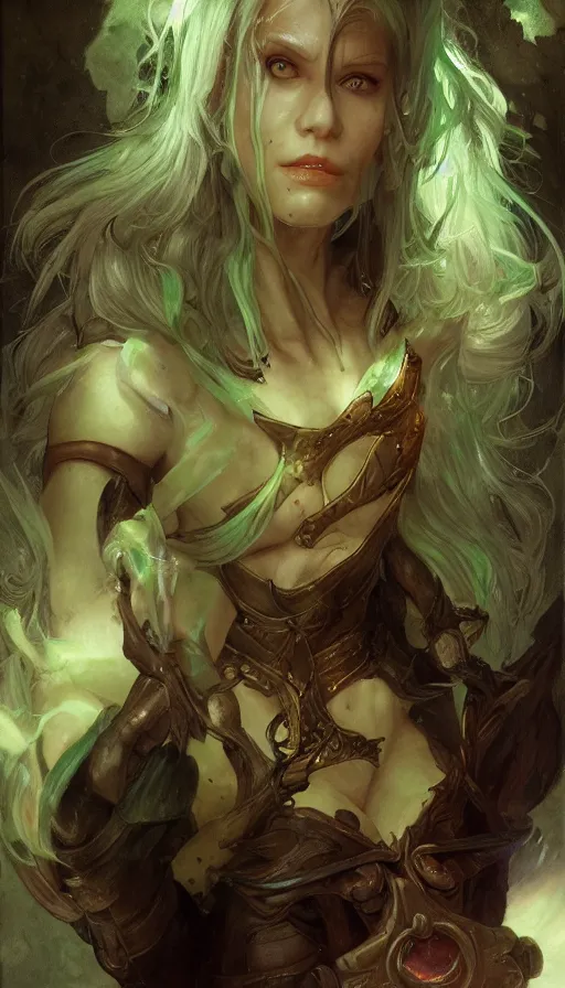 Image similar to epic masterpiece portrait alice in dungeons and dragons, sweaty skin, hyperrealistic, octane render, cinematic, beautiful face and flawless skin, perfect hands, emeralds by Edgar Maxence and Ross Tran and Michael Whelan, Legends of Runeterra