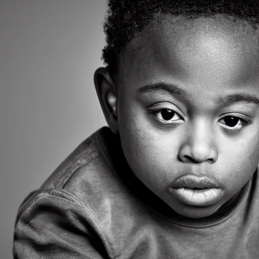 Image similar to the face of young juice wrld at 3 years old, black and white portrait by julia cameron, chiaroscuro lighting, shallow depth of field, 8 0 mm, f 1. 8