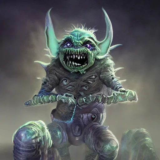 Image similar to a highly detailed goblin with grey skin and blue eyes that glow, in a dust storm, like magic the gathering, goblin chainwalker,, digital art, by christopher rush