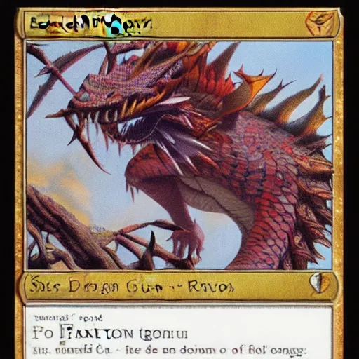 Image similar to exotic dragon with leaf skin and a leaf tail, thorns on his spine, by greg rutowski, in the style of magic the gathering