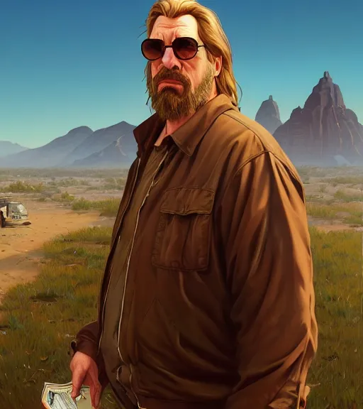 Prompt: highly detailed portrait of the dude from the big lebowski in gta v, stephen bliss, unreal engine, fantasy art by greg rutkowski, loish, rhads, ferdinand knab, makoto shinkai and lois van baarle, ilya kuvshinov, rossdraws, tom bagshaw, global illumination, radiant light, detailed and intricate environment