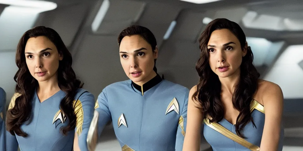 Image similar to Gal Gadot, in full starfleet uniform, is the captain of the starship Enterprise in the new Star Trek movie