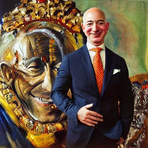 Image similar to “a deliriously happy king jeff bezos, portrait oil painting by Otto Dix, oil on canvas (1921)”