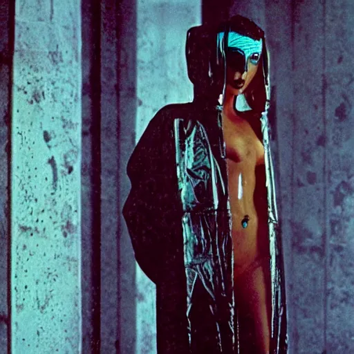 Image similar to cinematic portrait of a runaway replicant with tribal facepaint and a blue transparent plastic raincoat in an empty room, still from the movie bladerunner, fashion photography