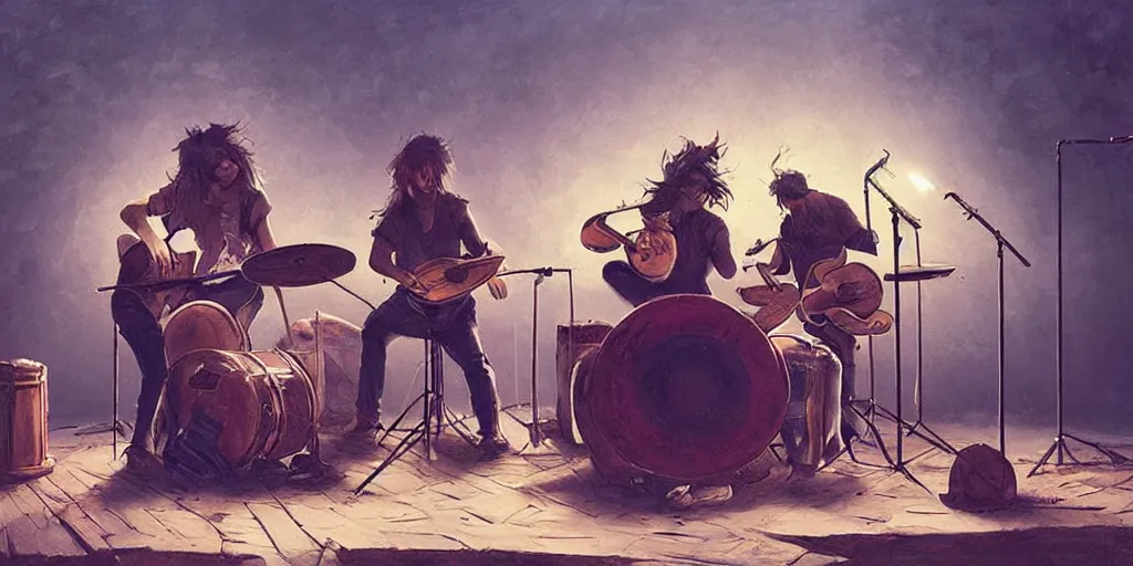 Prompt: fishes band play on drums and guitar, piano, rock concert, greg rutkowski