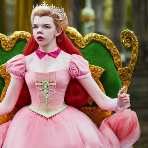 Prompt: Anya Taylor-joy as princess peach from Mario