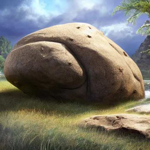 Image similar to a boulder resembling dwane johnson, unreal engine, hyper realistic, fantasy art by greg rutkowsk