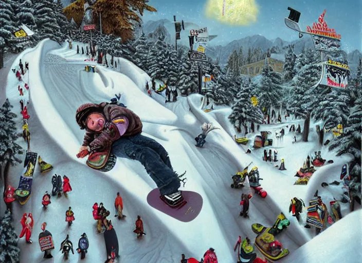 Prompt: snowboarding into another dimension, lowbrow, matte painting, 3 - d highly detailed, in the style of mark ryden,