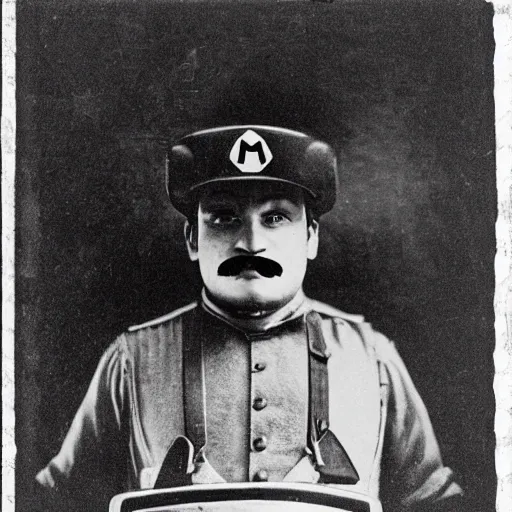 Image similar to Nintendo's Mario dressed as a plumber at the Ellis Island immigration office happily acquiring his citizenship, daguerreotype portrait