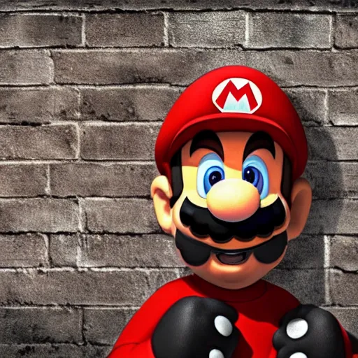 Image similar to super mario peeking behind a brick wall, gritty, dark, scary