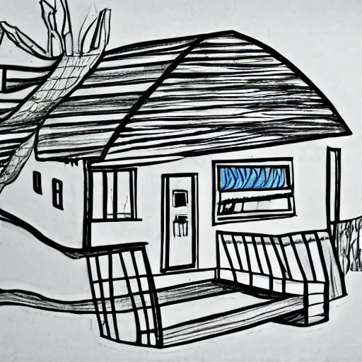 Image similar to imaginative drawing of a beach house, black ink outline, cel - shading, water color