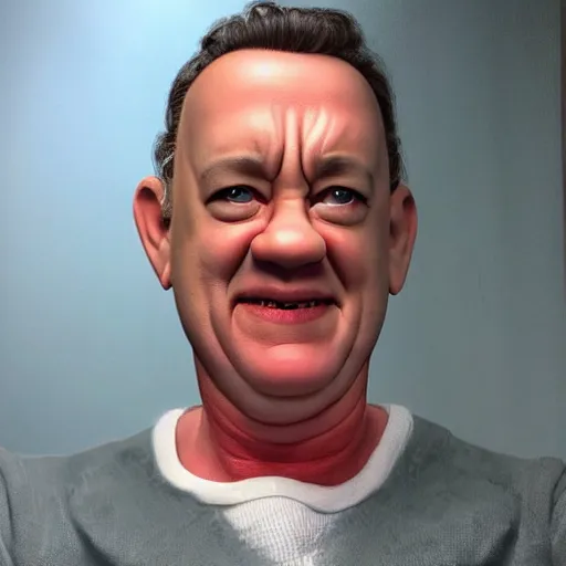 Image similar to my auntie that looks like a poor version of tom hanks in the most scary image on the internet, disturbing, realistic, so scary, very real, very disturbing