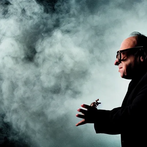 Image similar to danny devito turtle rage, 8 k, professional photography, cinematic shot, dark, smoke, mist