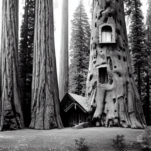 Image similar to house built into and inside a single giant sequoia. photograph by jerry uelsmann.