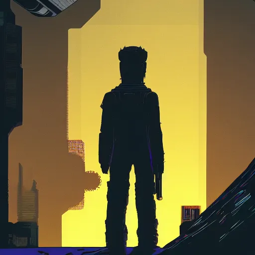 Image similar to in the style of max prentis and deathburger and laurie greasley a close up of a young explorer wearing a cyberpunk headpiece sitting on the head of a giant robot watching the sunset in the distance, highly detailed, 8k wallpaper