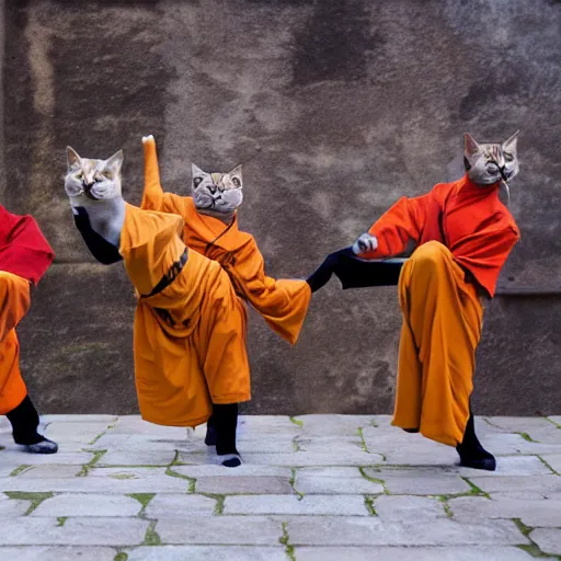 Image similar to real cats dressed as shaolin monks, 4k