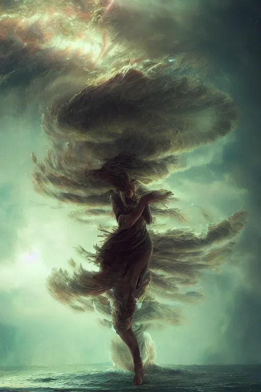 Prompt: a fractal dancer in a tornado emerges from a stormy sea by artgem and greg rutkowski, vivid colors, trippy, nebula, trending on artstation