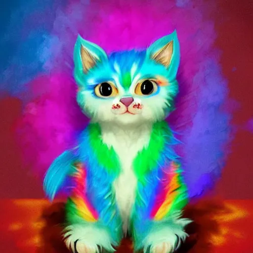Image similar to wide angle full body, jacket wearing fluffy cute rainbow kitten wearing a black leather motorcycle jacket, cinematic concept art