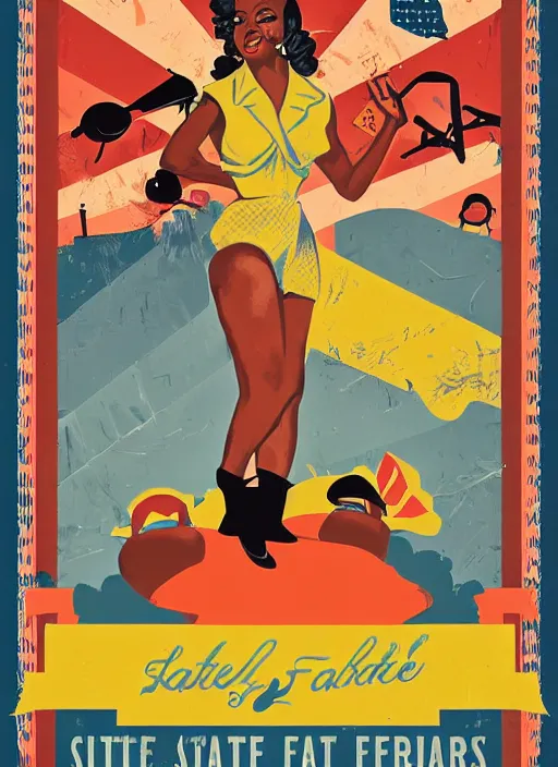 Image similar to a 1940s style state fair print poster design, digital art, designed and illustrated by Jermaine Rogers and Larent Durieux