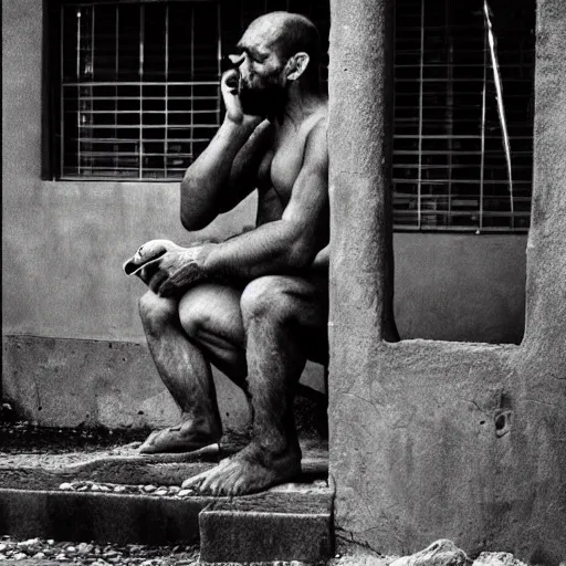 Prompt: “photo an homo Neanderthal watching his iPhone , photojournalism, National Geographic style”