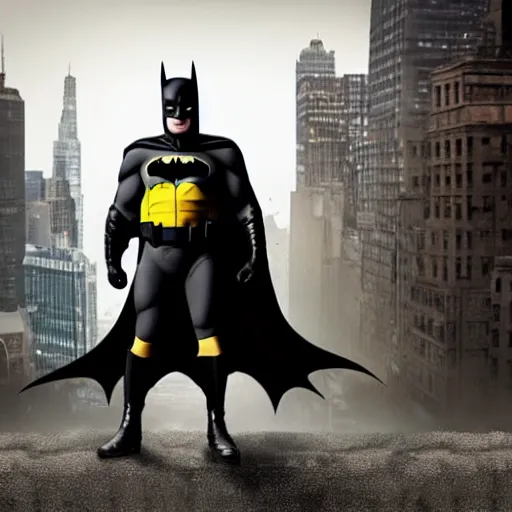 Image similar to hyper realistic photograph of Batman played by Mr. Bean, 4k, Carl Zeiss, sigma, Tamron so 85mm, stunning gotham city backdrop, gritty, detailed set design, award winning costume design, cinematic, action scenes