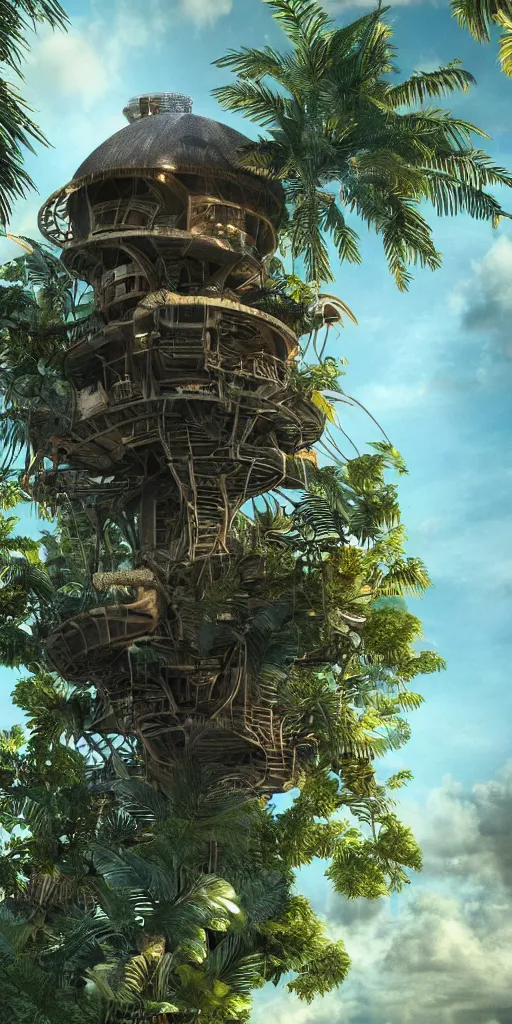 Image similar to ultra realistic and intricate detailed giant tropical tech treehouse on the middle of the tropical paradise, night, high technology, innovation, Dark evil style, artstation, unreal render, depth of field, ambient lighting, award winning, stunning