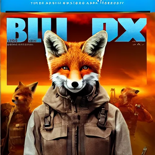 Image similar to blu-ray movie box cover for an action movie featuring an anthropomorphic fox dressed in adventure clothing