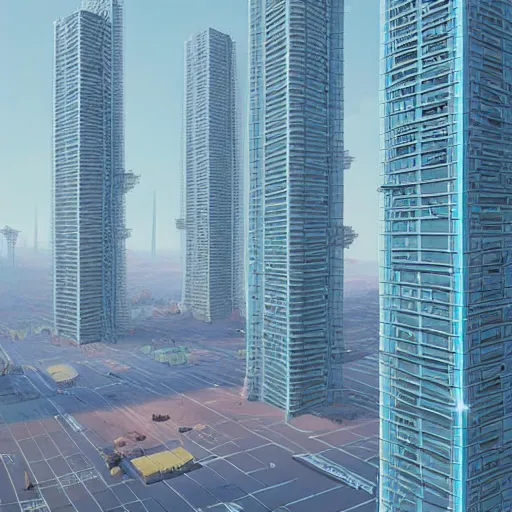 Image similar to tall futuristic buildings by Yusei Uesugi and Simon Stålenhag