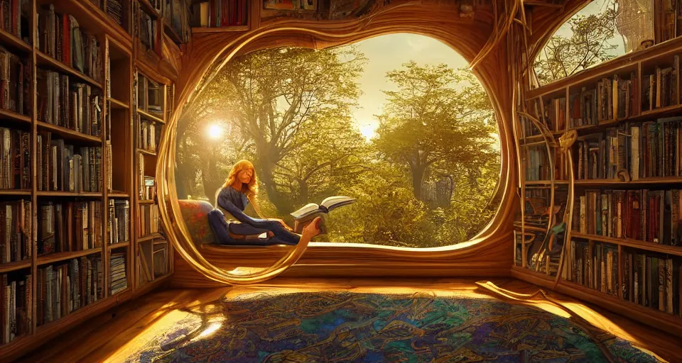 Image similar to A scene from a 2022 fantasy film featuring a cozy art nouveau reading nook inside a fantasy treehouse city. Suspended walkways. Disorganized ancient books. Golden Hour. 8K UHD.