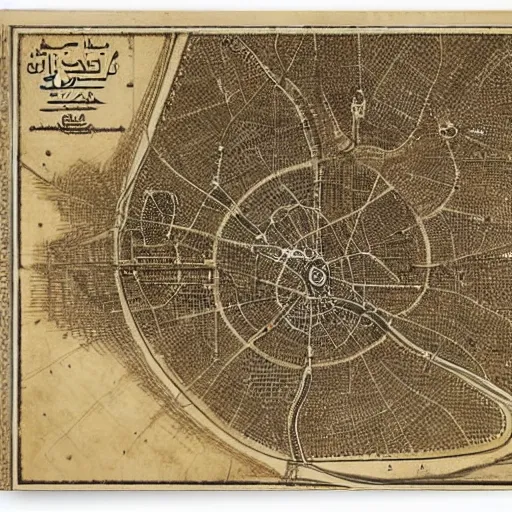 Prompt: map of circular city Baghdad at Abbasid caliphate age by lenardo da Vinci