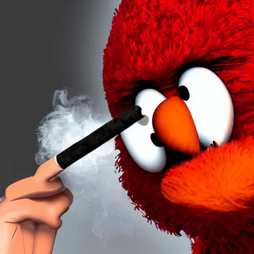 Image similar to elmo wearing a durag smoking a ciggarette, 8 k, photorealistic mugshot