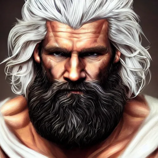 Image similar to painted portrait of rugged zeus, greek god, 4 0 years old, handsome, white hair, soft hair, upper body, muscular, hairy torso, fantasy, intricate, elegant, highly detailed, digital painting, artstation, concept art, smooth, sharp focus, illustration, art by artgerm