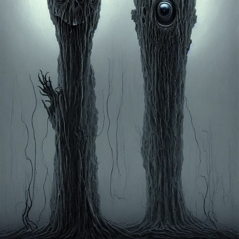 Prompt: tall alien grey art detailed painting of a creepy eerie alien being with large black eyes and no mouth, intricate matte painting background, elegant horror artwork, many colors in eldritch nightmare, luxurious, ominous, 4k, cinematic, by Zdzislaw Beksinski, by Yoshitaka Amano, horizontally symmetrical, by Wayne Barlowe, trending on Artstation