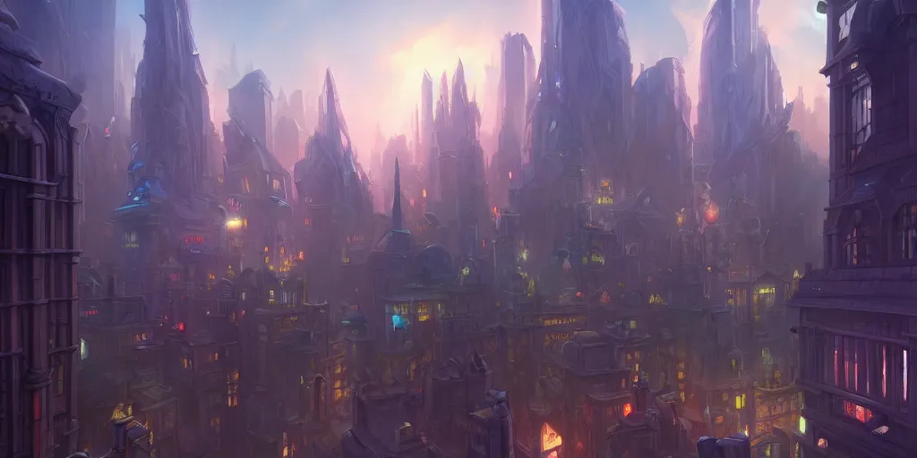 Image similar to A beautiful Arcane style cityscape by Tyler Edlin, Trending on artstation, highly detailed, atmospheric, directional lighting, cinematic