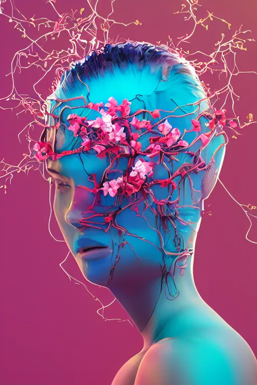 Prompt: epic 3 d abstract 🇵🇷 headset hacker, spinning hands and feet, 2 0 mm, plum and teal peanut butter melting smoothly into asymmetrical cherry blossoms and mangroves, thick wires, liquid cooled desktop, beautiful code, houdini sidefx, trending on artstation, by jeremy mann, ilya kuvshinov, jamie hewlett and ayami kojima